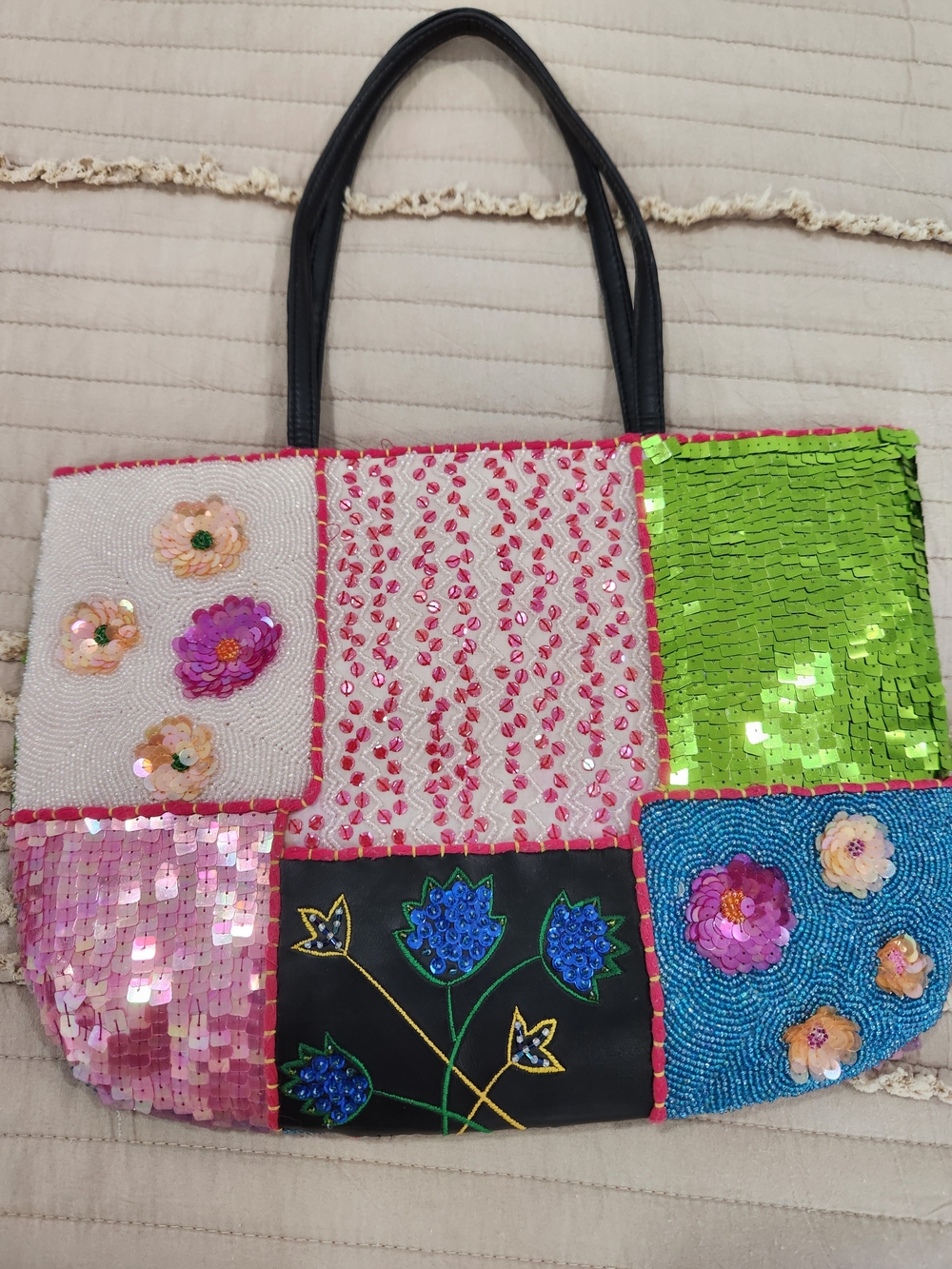 Vintage Christiana Hand Beaded Patch Work Tote Bag 90's Whimsigoth Boho